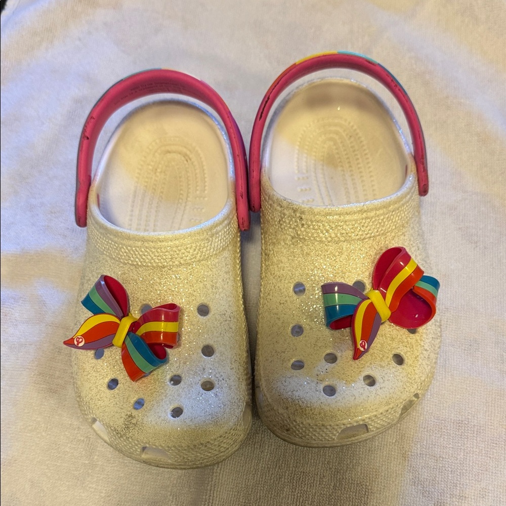 CROCS Kids' Cream Clogs with Rainbow Bow